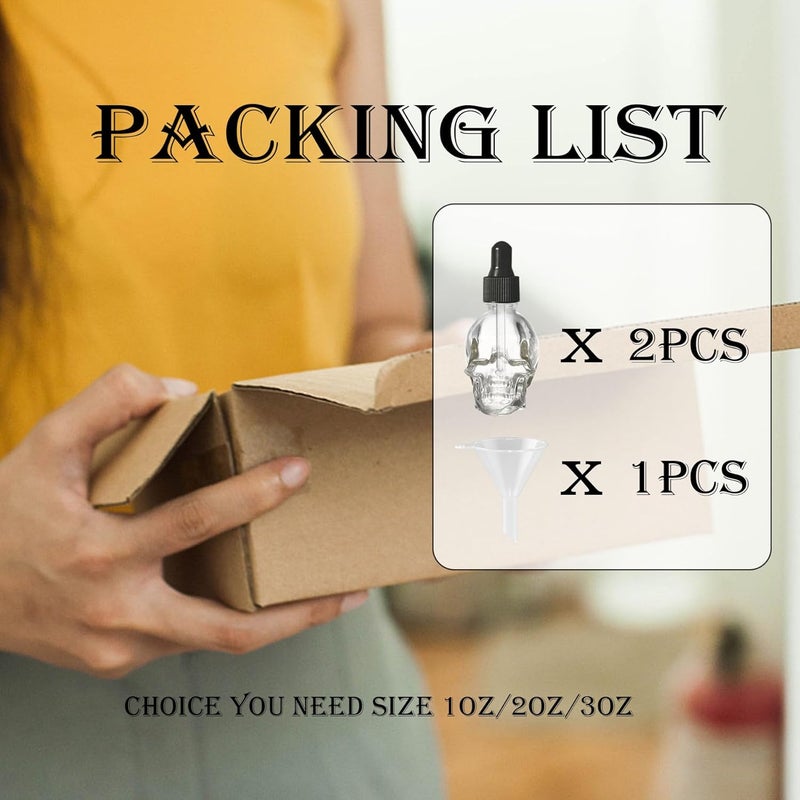 MINELEVEN 2 pcs Set 2OZ Transparent/Black Skull Glass Dropper Bottle Leakproof Essential Oils Bottle for Storage and Travel (Transparent, 2 OZ) - Image 5